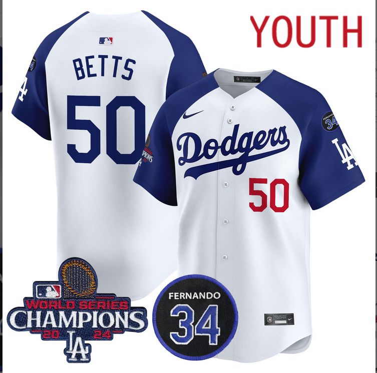 Youth  MLB Los Angeles Dodgers  #50 Betts white 2024 World Series Champions Patch Limited Jersey style 2->customized mlb jersey->Custom Jersey